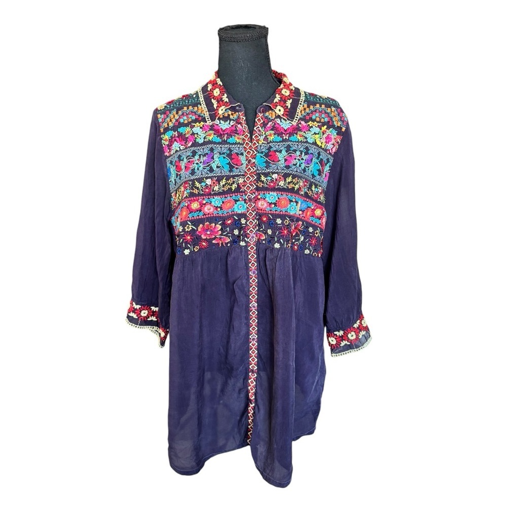 Johnny Was M Navy Cupra Rayon Embroidered Boho Tunic Top Cottagecore D32